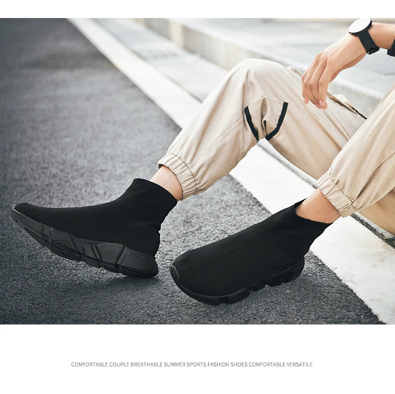 Classic Black High Top Sneakers Men Women Lightweight Socks Couple Casual Sneakers Knit Breathable Slip-on Men's Running Shoes