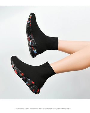 Classic Black High Top Sneakers Men Women Lightweight Socks Couple Casual Sneakers Knit Breathable Slip-on Men's Running Shoes