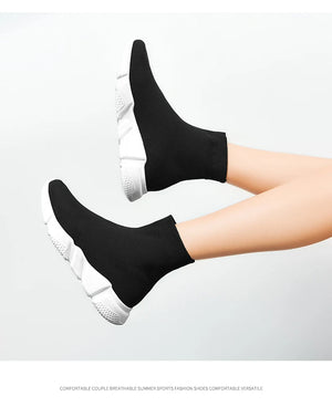 Classic Black High Top Sneakers Men Women Lightweight Socks Couple Casual Sneakers Knit Breathable Slip-on Men's Running Shoes