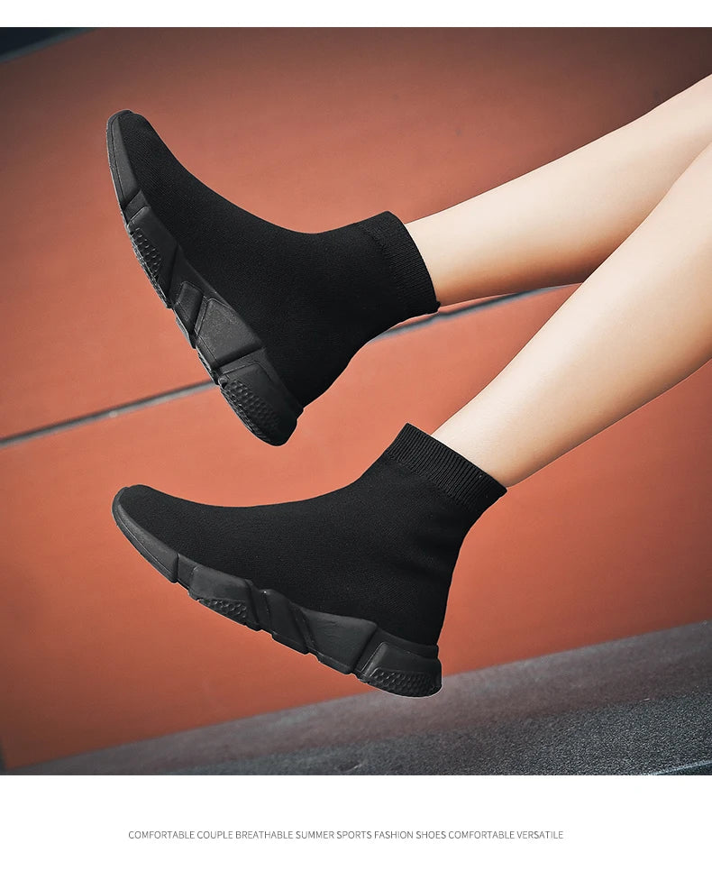 Classic Black High Top Sneakers Men Women Lightweight Socks Couple Casual Sneakers Knit Breathable Slip-on Men's Running Shoes