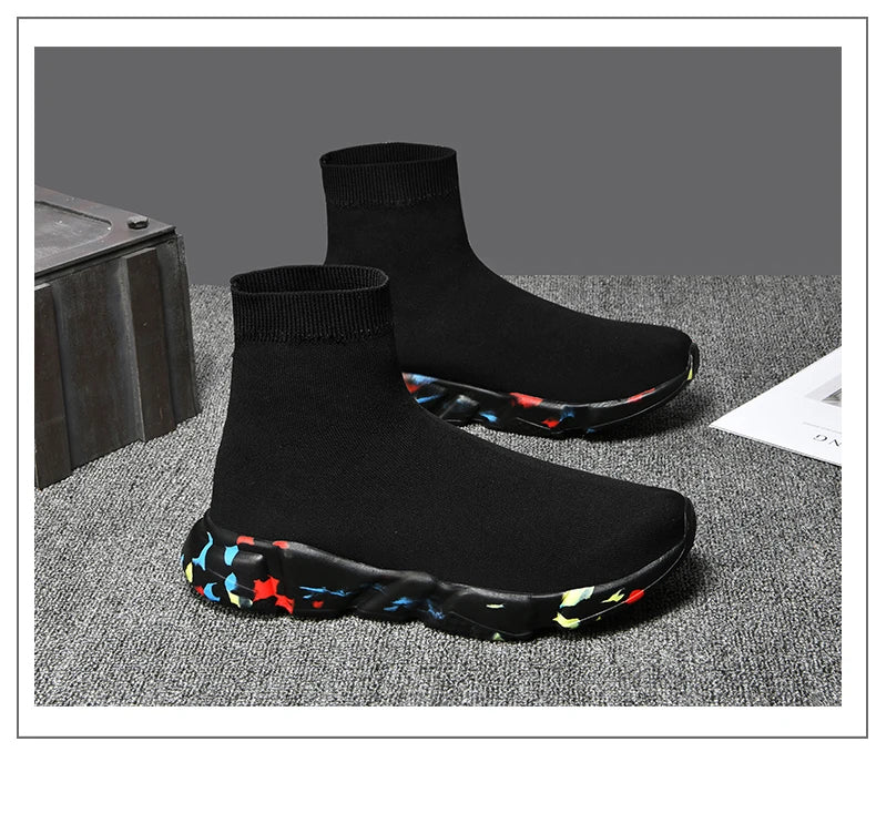 Classic Black High Top Sneakers Men Women Lightweight Socks Couple Casual Sneakers Knit Breathable Slip-on Men's Running Shoes