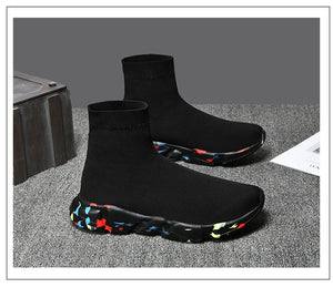 Classic Black High Top Sneakers Men Women Lightweight Socks Couple Casual Sneakers Knit Breathable Slip-on Men's Running Shoes