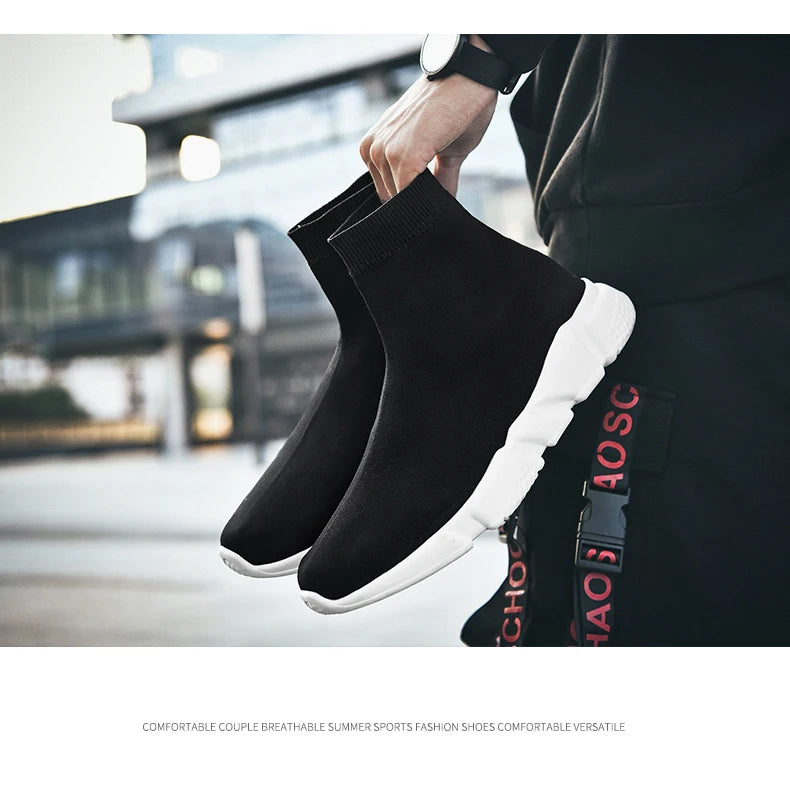 Classic Black High Top Sneakers Men Women Lightweight Socks Couple Casual Sneakers Knit Breathable Slip-on Men's Running Shoes