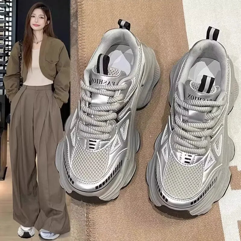Dad sneakers for women, new spring and summer 2025 models, thick soles, height-increasing, mesh breathable, sports casual shoes