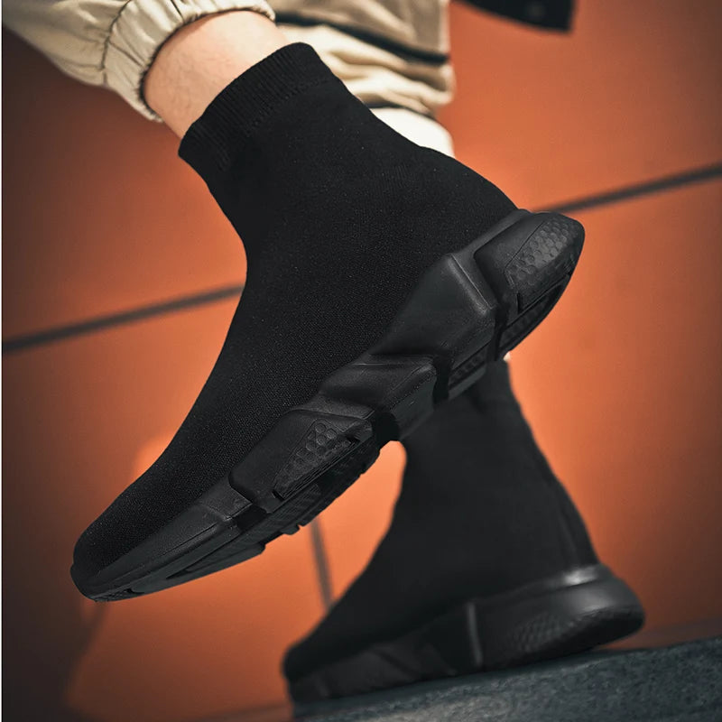 Classic Black High Top Sneakers Men Women Lightweight Socks Couple Casual Sneakers Knit Breathable Slip-on Men's Running Shoes