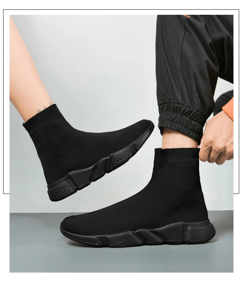 Classic Black High Top Sneakers Men Women Lightweight Socks Couple Casual Sneakers Knit Breathable Slip-on Men's Running Shoes