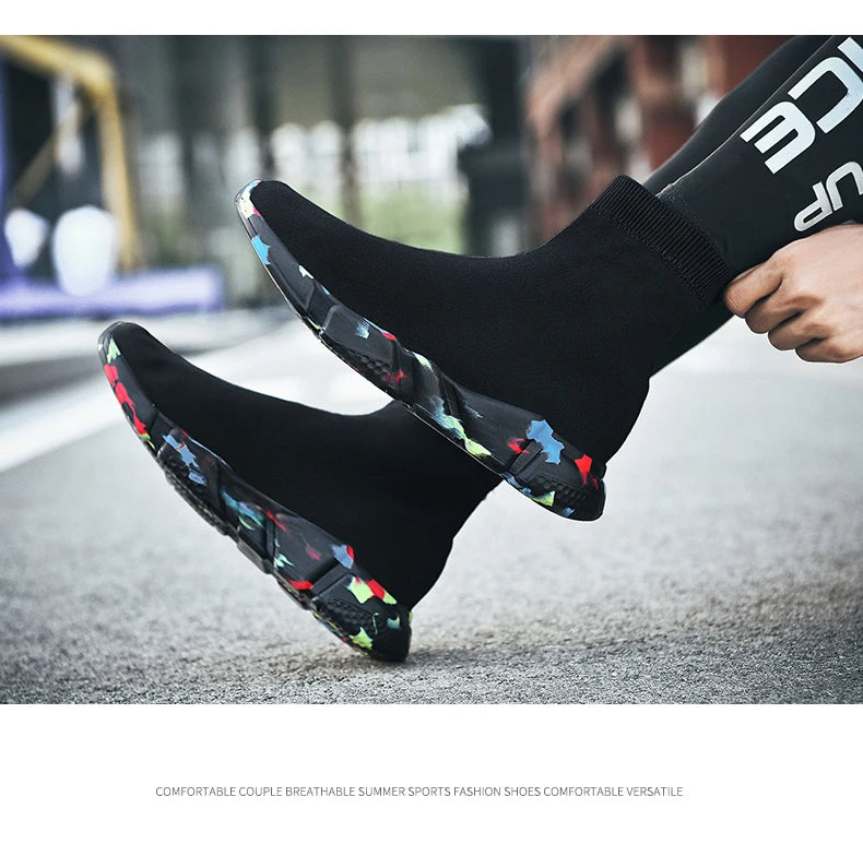 Classic Black High Top Sneakers Men Women Lightweight Socks Couple Casual Sneakers Knit Breathable Slip-on Men's Running Shoes