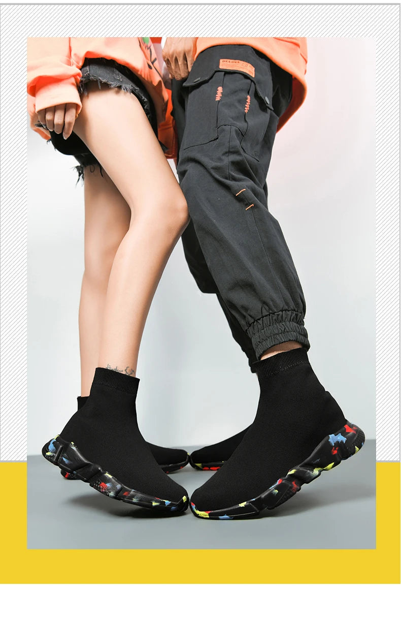 Classic Black High Top Sneakers Men Women Lightweight Socks Couple Casual Sneakers Knit Breathable Slip-on Men's Running Shoes
