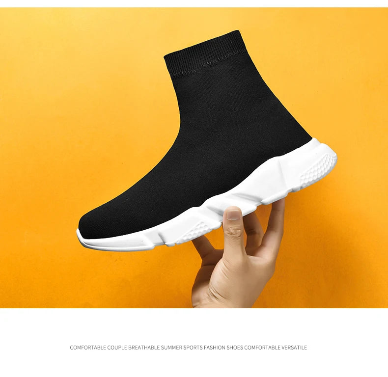 Classic Black High Top Sneakers Men Women Lightweight Socks Couple Casual Sneakers Knit Breathable Slip-on Men's Running Shoes