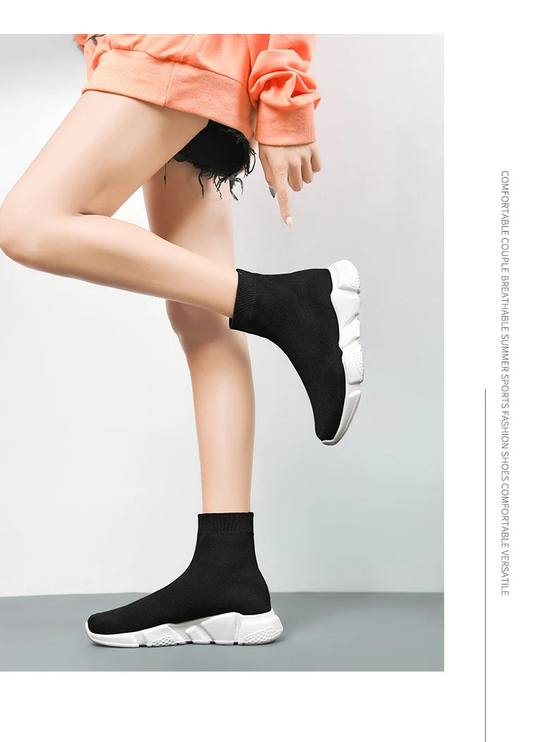 Classic Black High Top Sneakers Men Women Lightweight Socks Couple Casual Sneakers Knit Breathable Slip-on Men's Running Shoes