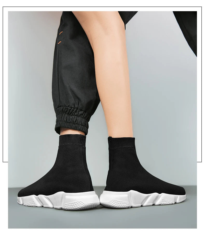 Classic Black High Top Sneakers Men Women Lightweight Socks Couple Casual Sneakers Knit Breathable Slip-on Men's Running Shoes