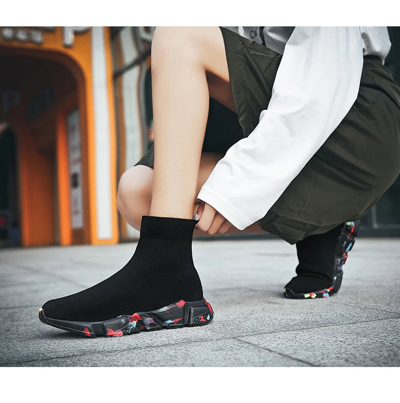 Classic Black High Top Sneakers Men Women Lightweight Socks Couple Casual Sneakers Knit Breathable Slip-on Men's Running Shoes