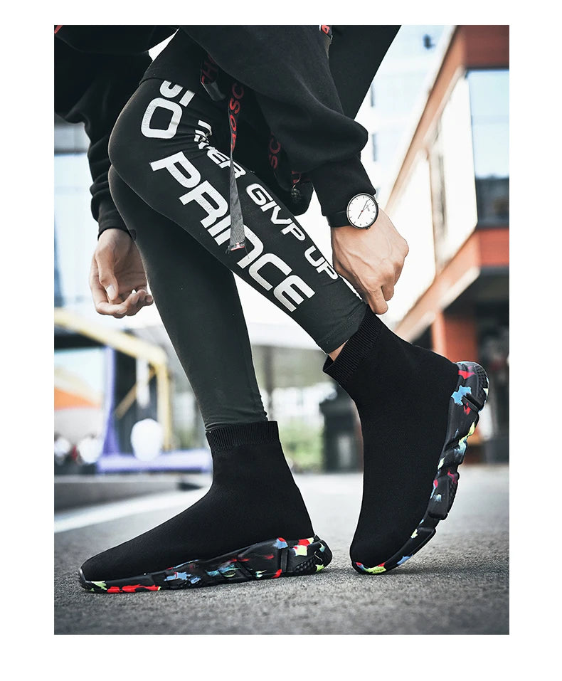 Classic Black High Top Sneakers Men Women Lightweight Socks Couple Casual Sneakers Knit Breathable Slip-on Men's Running Shoes