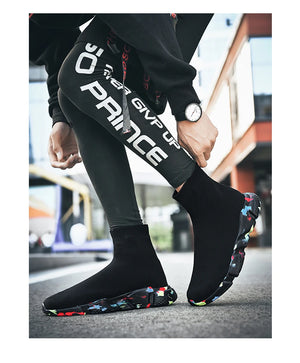 Classic Black High Top Sneakers Men Women Lightweight Socks Couple Casual Sneakers Knit Breathable Slip-on Men's Running Shoes