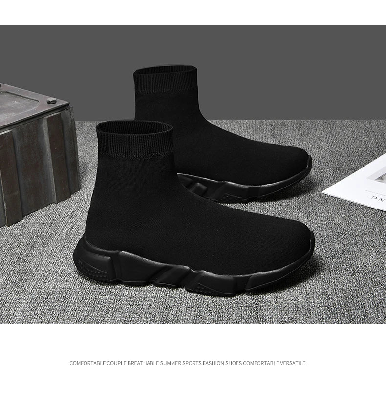 Classic Black High Top Sneakers Men Women Lightweight Socks Couple Casual Sneakers Knit Breathable Slip-on Men's Running Shoes